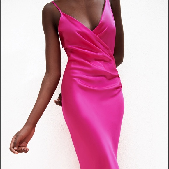 Zara DRAPED CAMISOLE SATIN MIDI DRESS w/ Side Slit PINK NEW - Picture 9 of 16